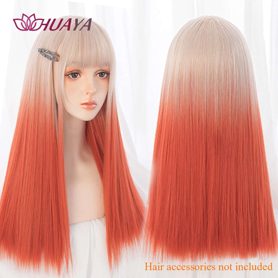 Long Straight Wig with Bangs Purple-White Heat Resistant Synthetic Hair Wigs for African American Girl Lolita Cosplay Wig