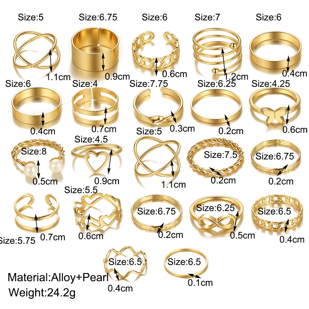 Boho Gold Color 22pcs Heart Rings Set For Women Vintage Geometric Cross Pearl Butterfly Finger Ring Women Jewelry