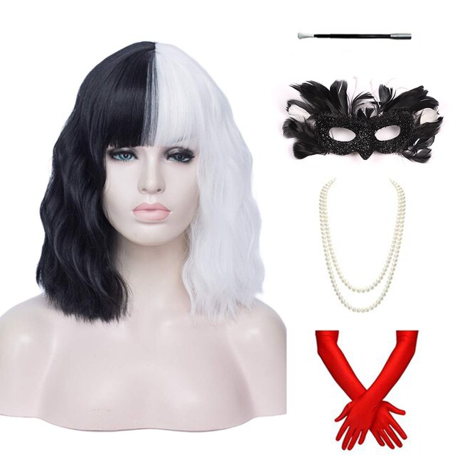 Anime Cruella De Vil Short Cruly Half Black And Half White Wavy Band Bangs Ladies Cosplay Wig Synthetic Halloween Wig + Wig Cap