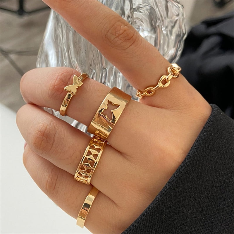 Vintage Boho Crystal Butterfly Flower Rings Set For Women Elegant Geometric Leaf Chain Tassel Knuckle Finger Rings Party Jewelry