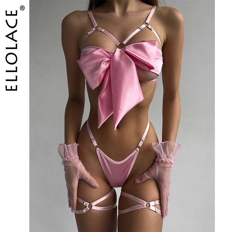 Bowknot Lingerie Open Bra Lace Up Sexy Underwear 3-Piece Satin Erotic Outfit Young Girls Uncensored Bilizna Set Of Sex