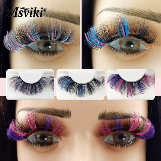5D Fluffy 18-22MM Glitter Mink Lashes 1 Pair Party Colored Mink Eyelashes Box Package Rainbow Pink White Fake Eyelashes