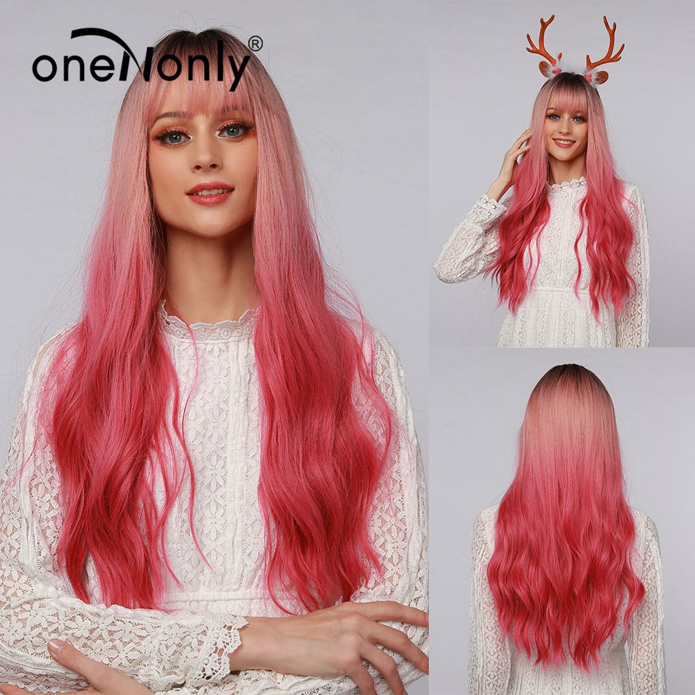 Purple Blue Wig with Bangs Long Wavy Cosplay Lolita Women Wigs Halloween Party High Temperature Hair