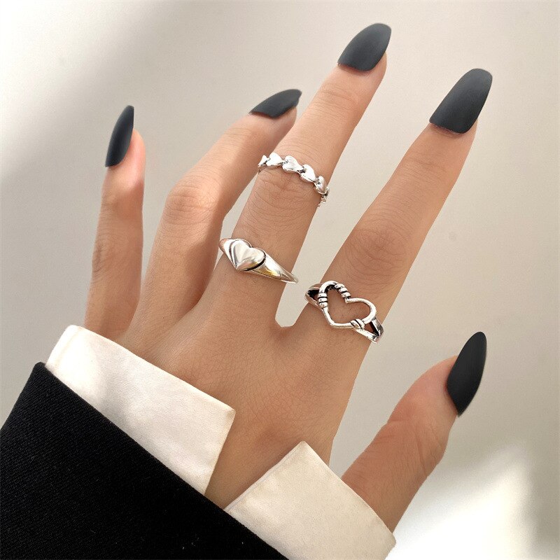 Punk Girl Love Heart Rings Set For Women Personality Harajuku Chain Tassel Silver Color Geometric Ring Gothic Party Jewelry Gift