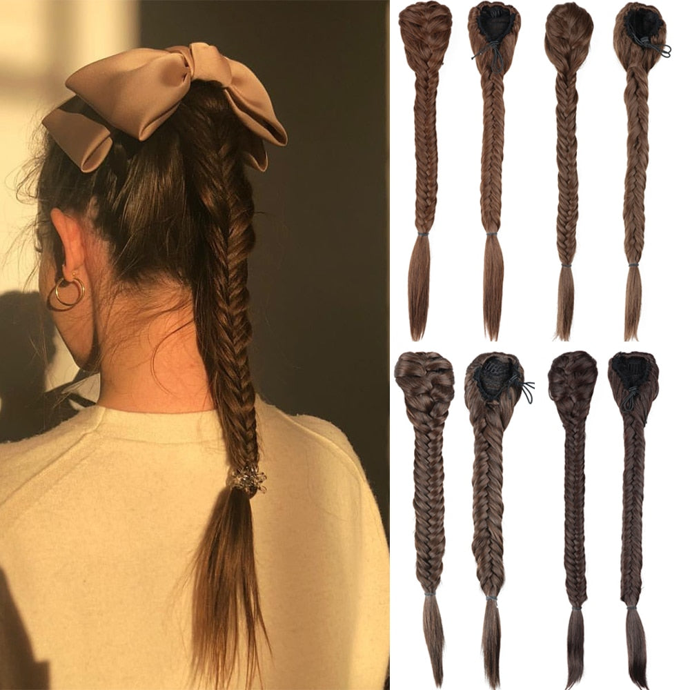 Synthetic Heat Resistant Braided Fishtail Fishbone Drawstring Ponytail Hairpiece Blonde Hair Extensions For Woman
