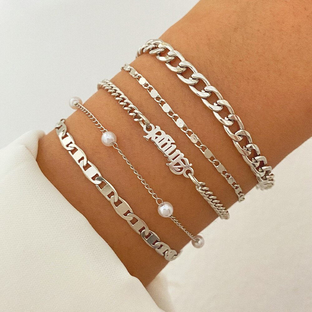Bohemian Gold Color Angel Bracelets for Women Boho Jewelry Geometric Layered Pearl Hand Chain Charm Bracelet Set