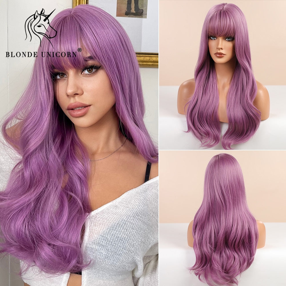 Blonde Unicorn Synthetic Long Wavy Wig Ombre Purple to Blue For WOMEN Cosplay halloween Wigs Heat Resistant Fiber Bangs Hair