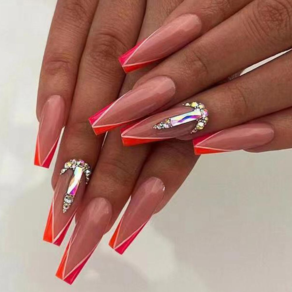 24pcs/Box Glitter Coffin False Nails Pink/White Heart Design French Ballerina Fake Nails Full Cover Nail Tips Press On Nails