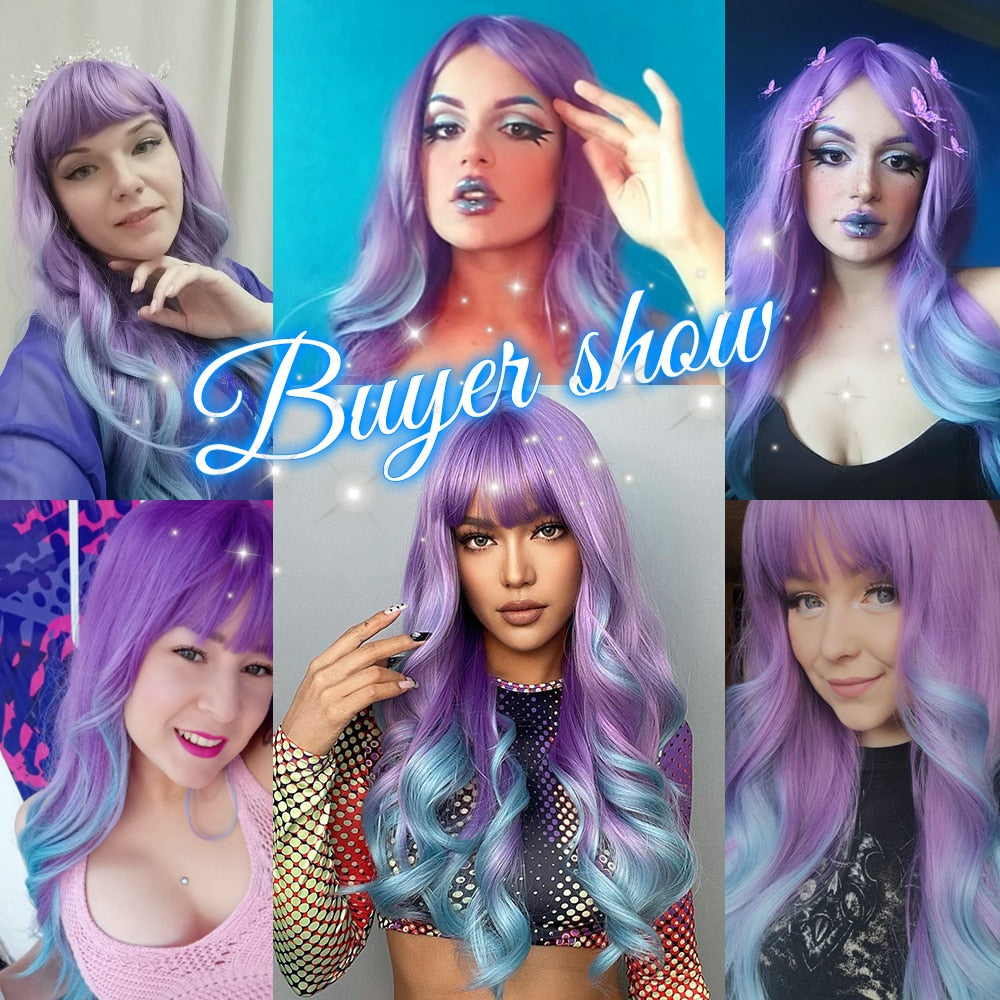 Purple Blue Wig with Bangs Long Wavy Cosplay Lolita Women Wigs Halloween Party High Temperature Hair