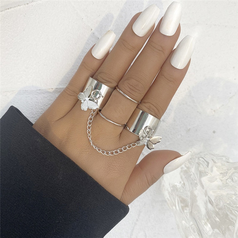 Vintage Bohemian Butterfly Gold Color Ring Sets Zircon Flower Leaf Open Rings for Women Simple Knuckle Accessories
