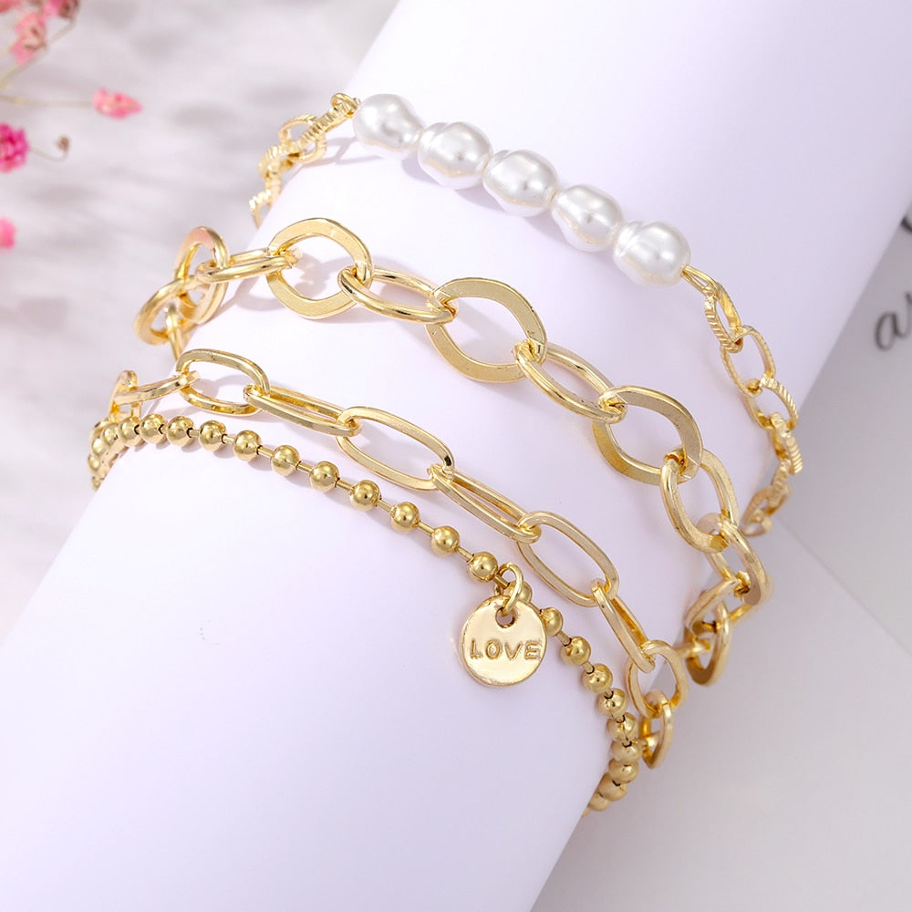 Bohemian Gold Color Angel Bracelets for Women Boho Jewelry Geometric Layered Pearl Hand Chain Charm Bracelet Set