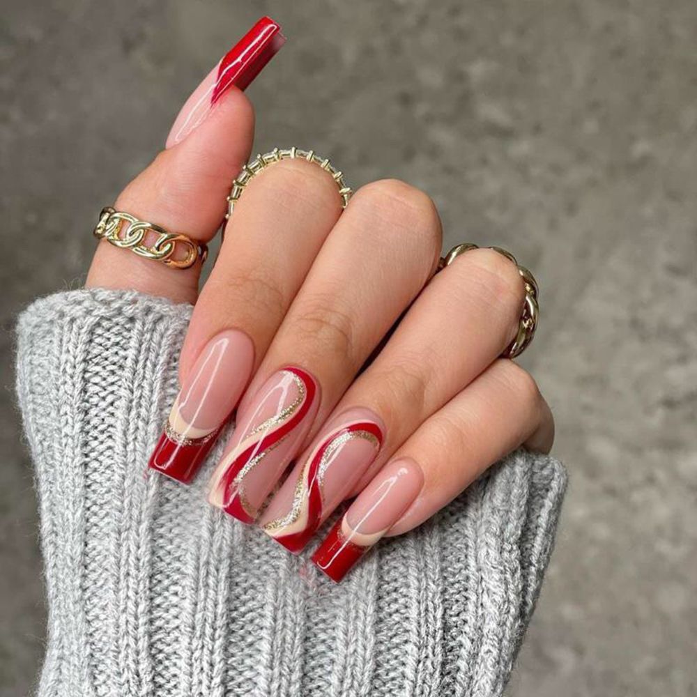 24pcs/Box Glitter Coffin False Nails Pink/White Heart Design French Ballerina Fake Nails Full Cover Nail Tips Press On Nails