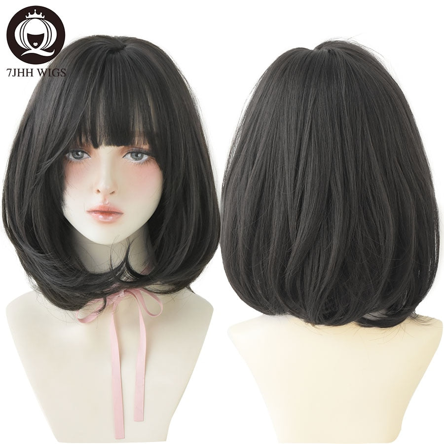 WIGS Black Short Bob Wig for Girl Daily Wear Synthetic Wig Natural Supple Summer Heat resistant Wig With Bangs
