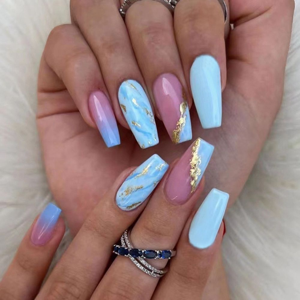 24pcs/Box Glitter Coffin False Nails Pink/White Heart Design French Ballerina Fake Nails Full Cover Nail Tips Press On Nails