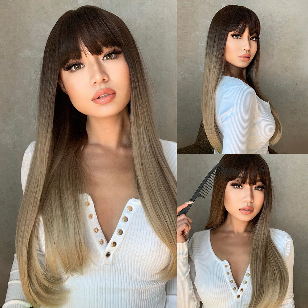 Long Straight Synthetic Wig Ombre Brown Blonde Golden Heat Resistant Wigs Cosplay Party Hair Wig