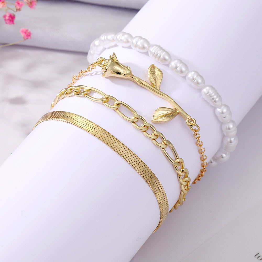 Bohemian Gold Color Angel Bracelets for Women Boho Jewelry Geometric Layered Pearl Hand Chain Charm Bracelet Set