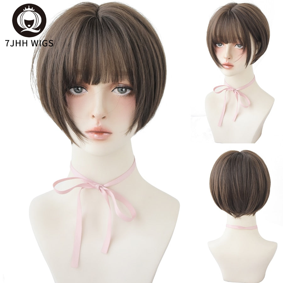WIGS Black Short Bob Wig for Girl Daily Wear Synthetic Wig Natural Supple Summer Heat resistant Wig With Bangs