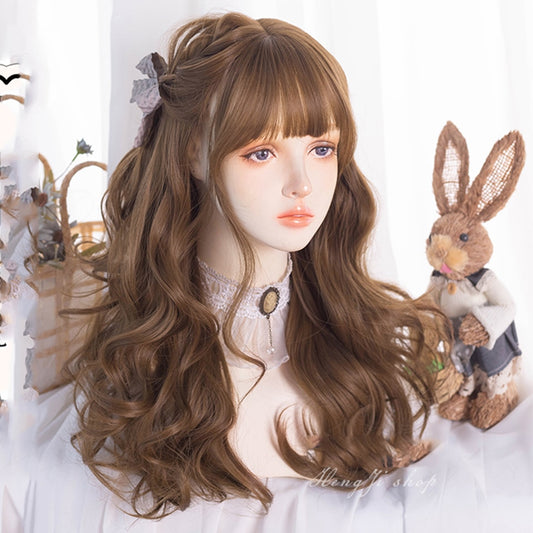 Synthetic long wavy curly hair female cold brown black cosplay Lolita pink purple blue wig heat-resistant bangs
