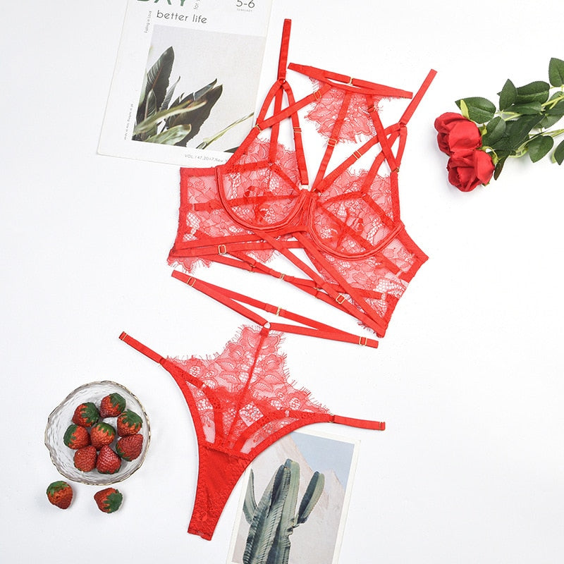 Fancy Lingerie Sissy Lace Underwear Bandage Set Women 2 Piece Seamless Halter Bra Luxury Bilizna See Through Outfit