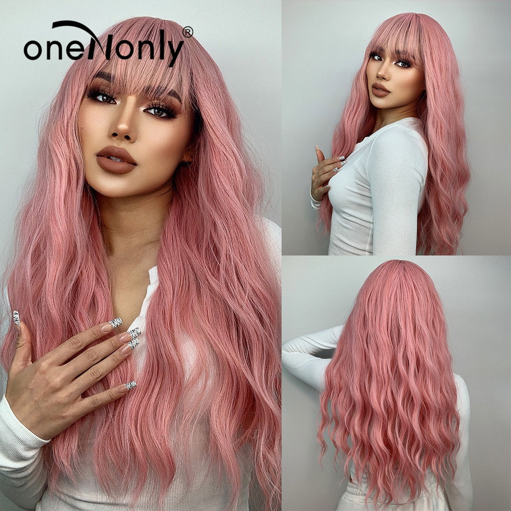 Purple Blue Wig with Bangs Long Wavy Cosplay Lolita Women Wigs Halloween Party High Temperature Hair