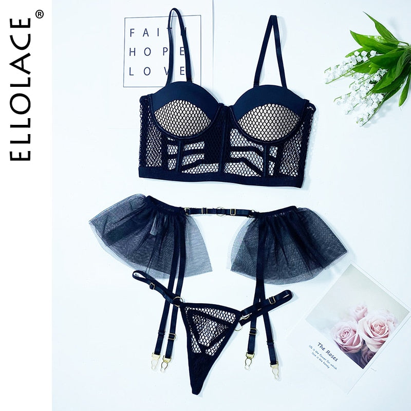 Sexy Lingerie Sensual Fancy Underwear Ruffle Garter Belt Set 3-Piece Lace Padded Bra Delicate Luxury Erotic Sets