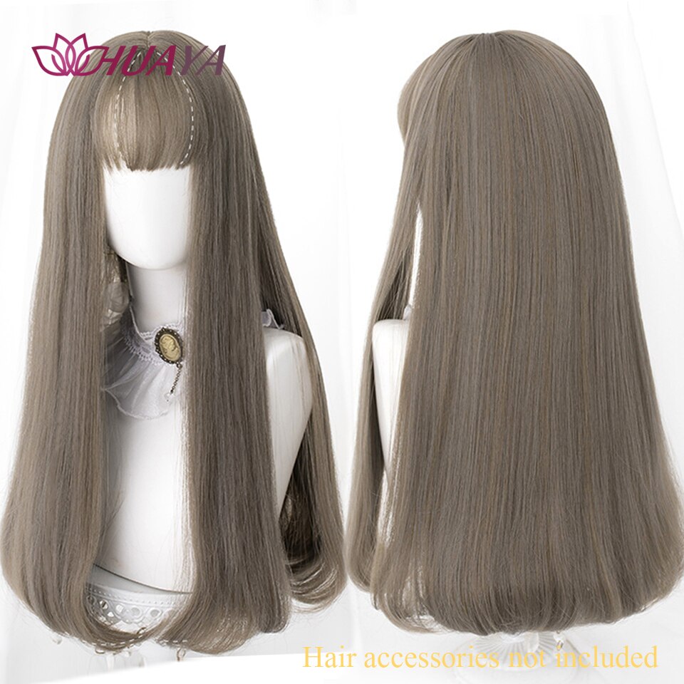 Long Straight Wig with Bangs Purple-White Heat Resistant Synthetic Hair Wigs for African American Girl Lolita Cosplay Wig