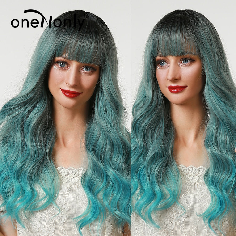 Purple Blue Wig with Bangs Long Wavy Cosplay Lolita Women Wigs Halloween Party High Temperature Hair