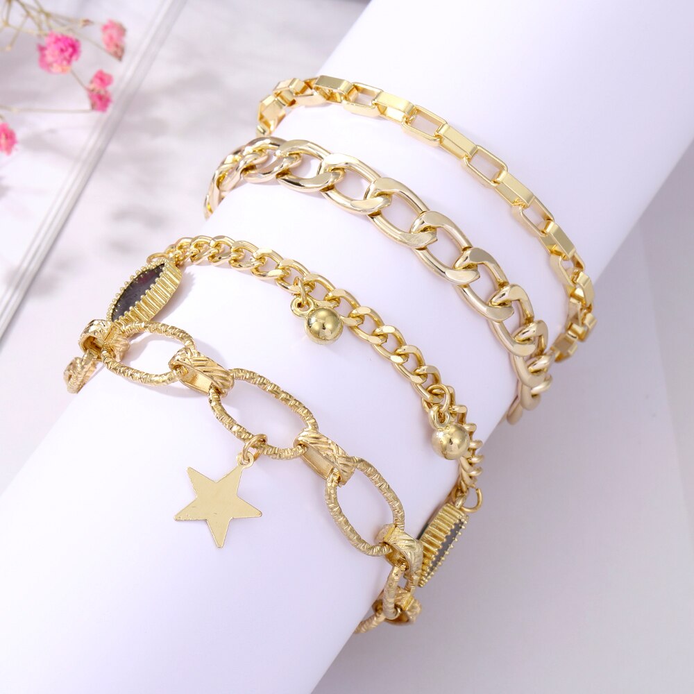 Bohemian Gold Color Angel Bracelets for Women Boho Jewelry Geometric Layered Pearl Hand Chain Charm Bracelet Set