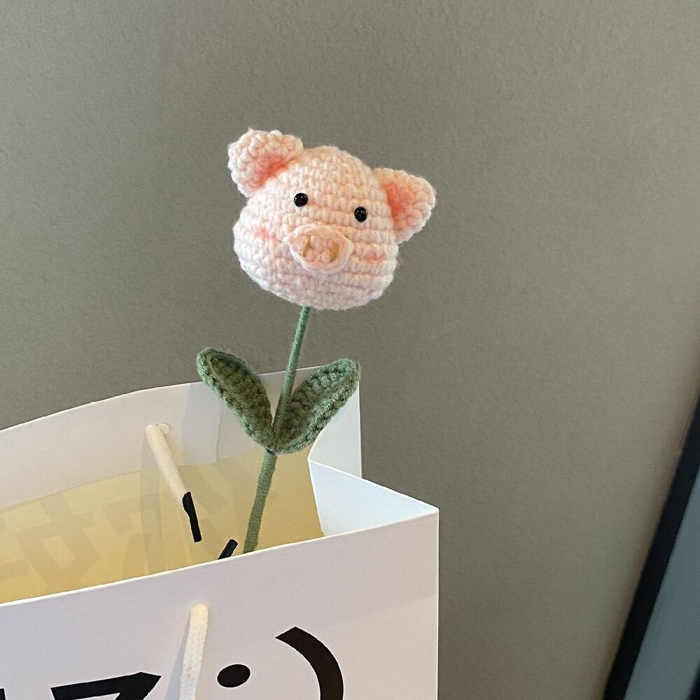 Hand-knitted Pig Crochet Flowers Bouquet Kawaii Animal Shape Artificial Flower Finished Homemade Home Decor Kids Gifts