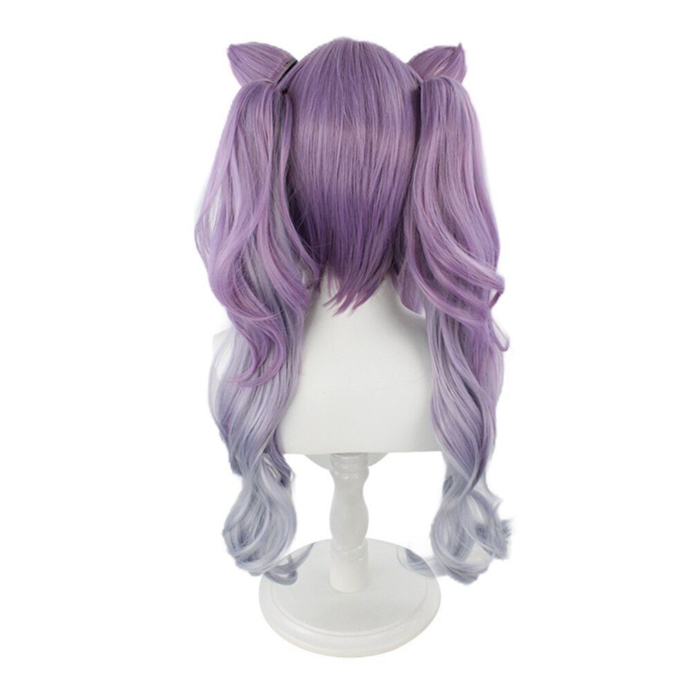 GenshinKe Qing Cosplay Long Double Ponytail Ladies Synthetic Light Purple Wig With Bangs Gradient Light Color Wig + Free Wig Cap