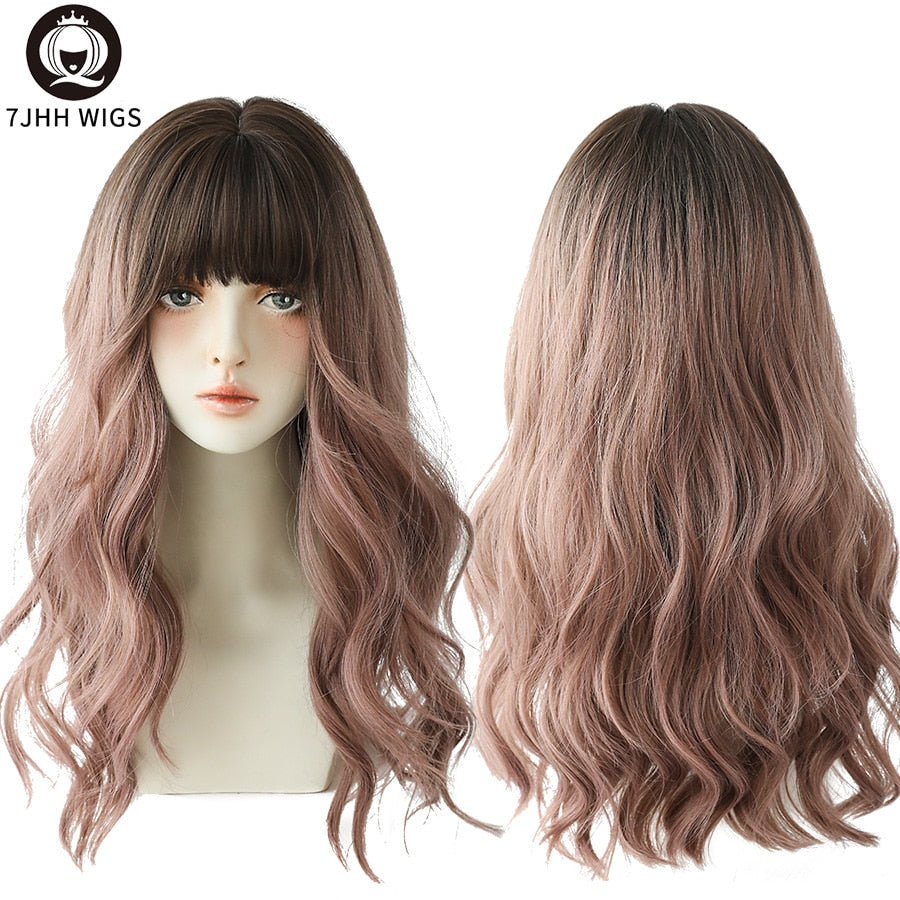 Blue Deep Wave Wig With Bangs Long Omber Brown Hair Layered Heat Resistant Cosplay Party Synthetic Wig