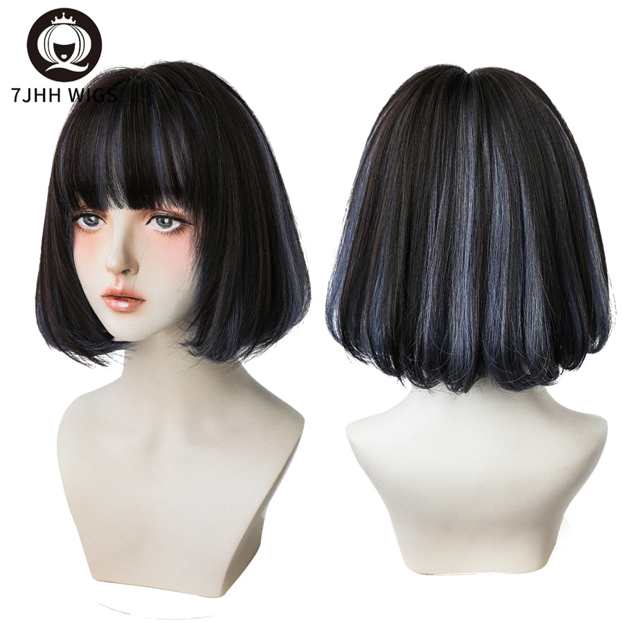 WIGS Black Short Bob Wig for Girl Daily Wear Synthetic Wig Natural Supple Summer Heat resistant Wig With Bangs