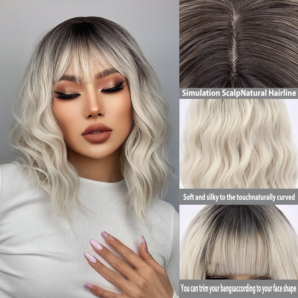 Ombre Blonde Short Bob Synthetic Wig For Women With Bangs White Gold Body Wave Cosplay Lolita Natural Heat Resistant Hair