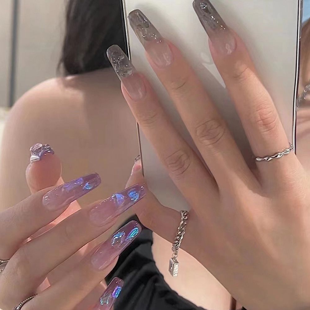 24pcs/Box Glitter Coffin False Nails Pink/White Heart Design French Ballerina Fake Nails Full Cover Nail Tips Press On Nails