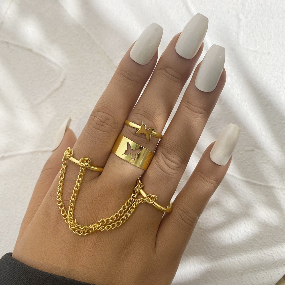 Vintage Boho Crystal Butterfly Flower Rings Set For Women Elegant Geometric Leaf Chain Tassel Knuckle Finger Rings Party Jewelry