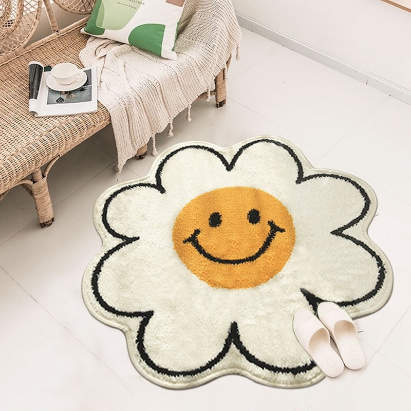 Flower Rug Living Room Nordic Smiley Flower Carpet Bedroom Bedside Area Rugs Plush Floor Mat Home Decor Non-slip Bath Mat