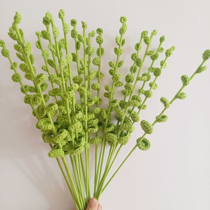 Finished 10pcs Hand-knitted Yarn Crochet  Eucalyptus Bouquet Decorative Artificial Flowers Home Decoration