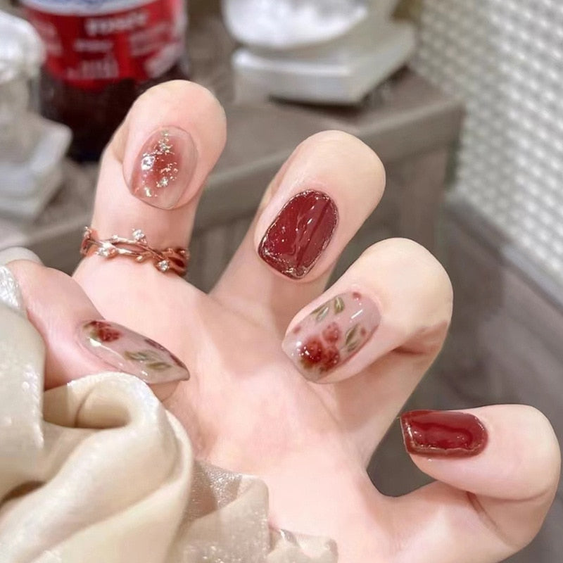 24pcs pink clouds design false nails with glue press on nails medium length acrylic nails coffin full cover nails tips supplies