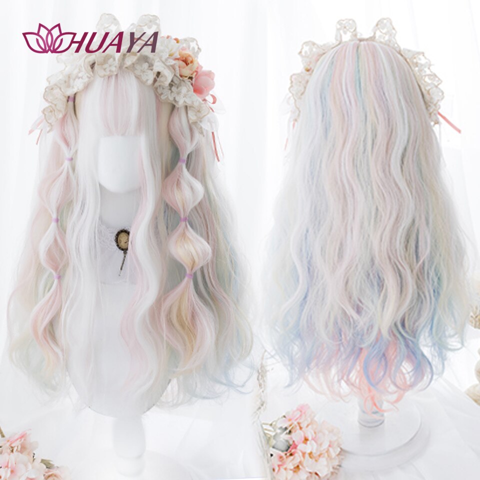 Long Straight Wig with Bangs Purple-White Heat Resistant Synthetic Hair Wigs for African American Girl Lolita Cosplay Wig