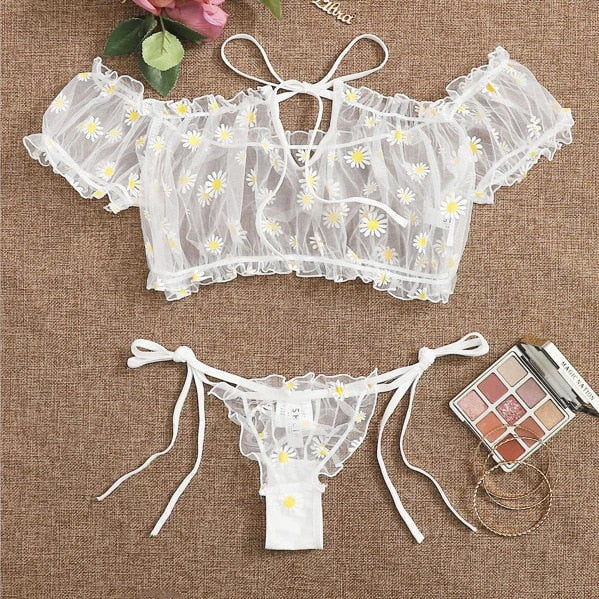 Sexy Women Underwear Lace Floral Wire Free Lingerie Set Off-Shoulder Small Chest Bralette+Thong Beachwear Transparent Bra Set