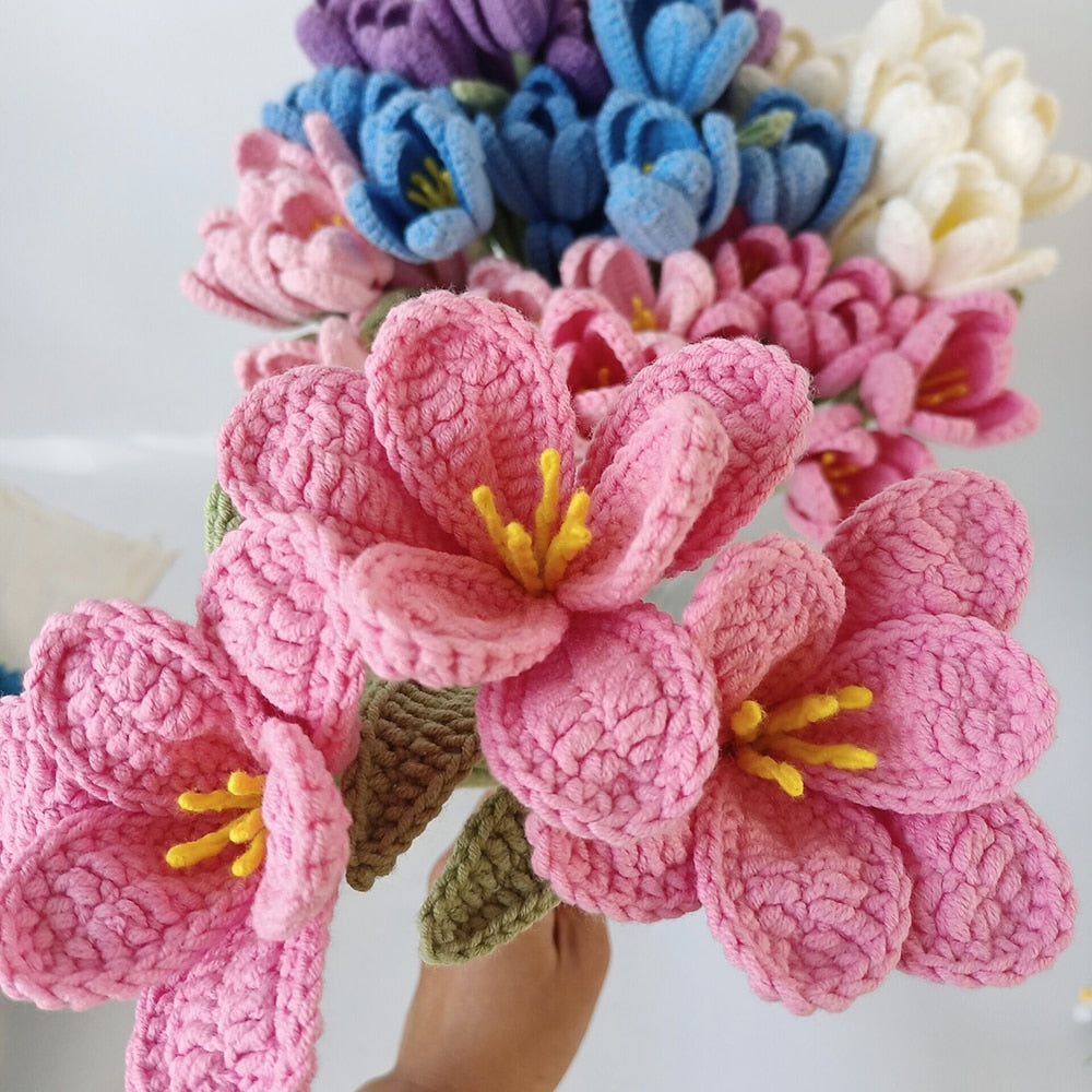 Finished Hand-Knitted Tulips Bouquet Handmade Crochet Fake Flowers for Home Decorate Handmade