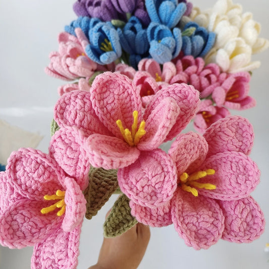 Finished Hand-Knitted Tulips Bouquet Handmade Crochet Fake Flowers for Home Decorate Handmade