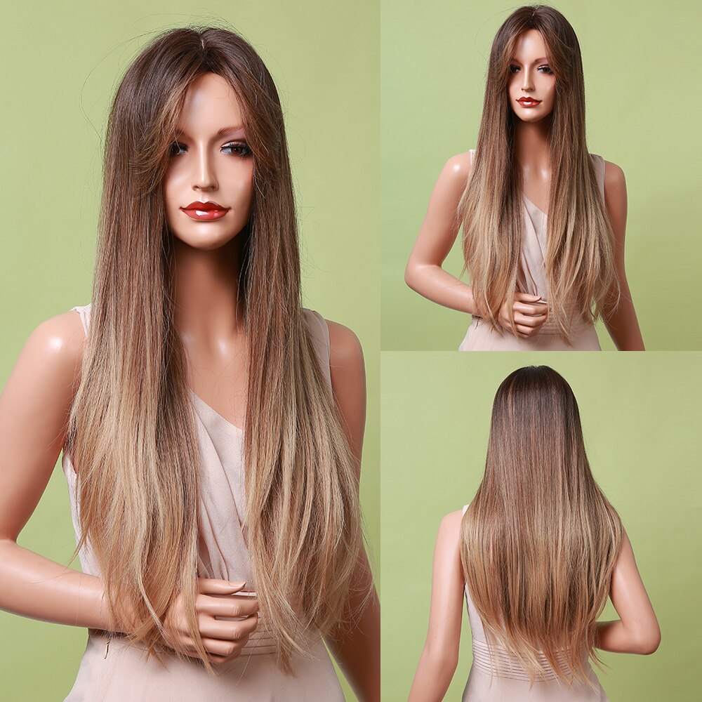 Long Straight Synthetic Wig Ombre Brown Blonde Golden Heat Resistant Wigs Cosplay Party Hair Wig