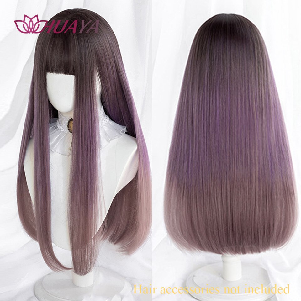 Long Straight Wig with Bangs Purple-White Heat Resistant Synthetic Hair Wigs for African American Girl Lolita Cosplay Wig