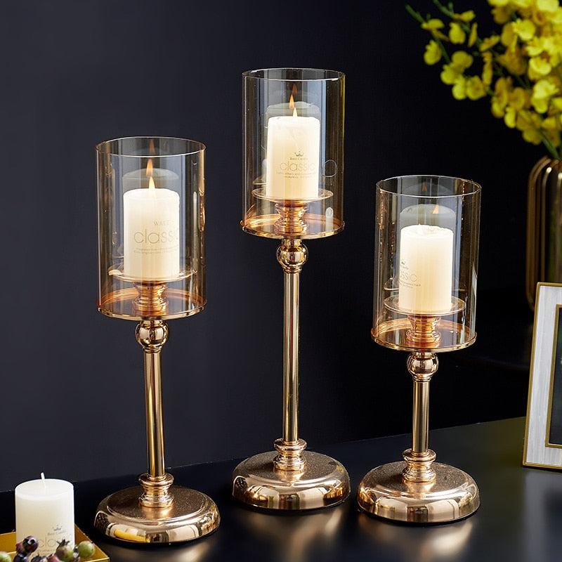 European Metal Crystal Candle Lantern Gold Candle Holders Wedding Center Table Candlesticks Parties Home Decor