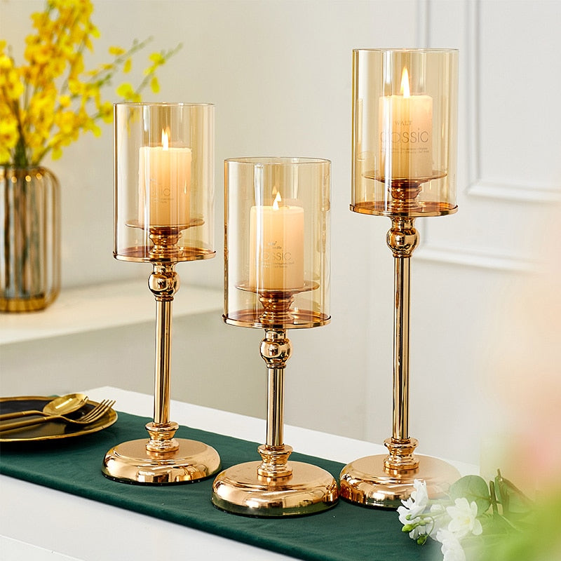European Metal Crystal Candle Lantern Gold Candle Holders Wedding Center Table Candlesticks Parties Home Decor