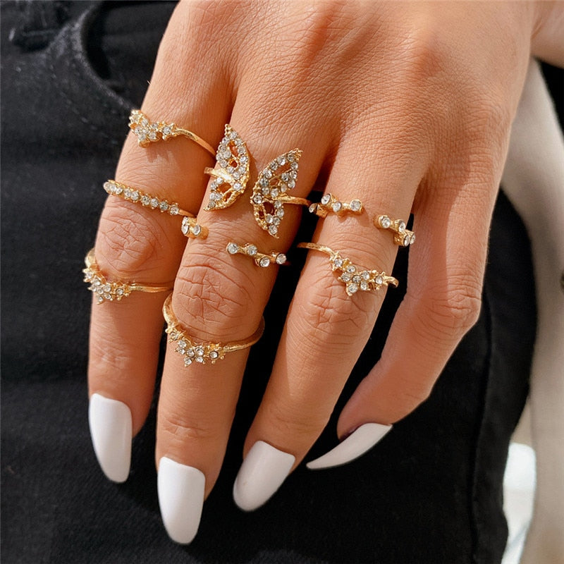 Vintage Bohemian Butterfly Gold Color Ring Sets Zircon Flower Leaf Open Rings for Women Simple Knuckle Accessories