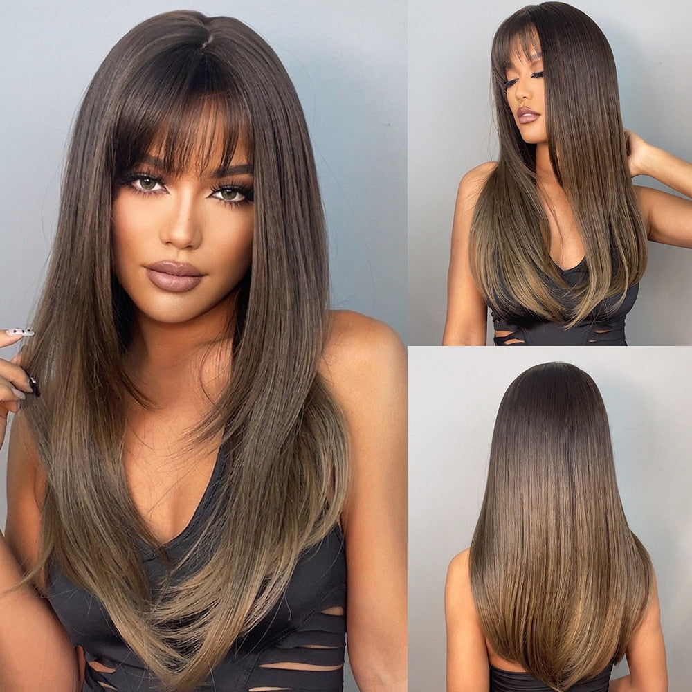 Long Straight Synthetic Wig Ombre Brown Blonde Golden Heat Resistant Wigs Cosplay Party Hair Wig