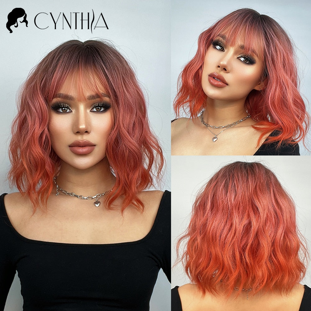 Ombre Blonde Short Bob Synthetic Wig For Women With Bangs White Gold Body Wave Cosplay Lolita Natural Heat Resistant Hair