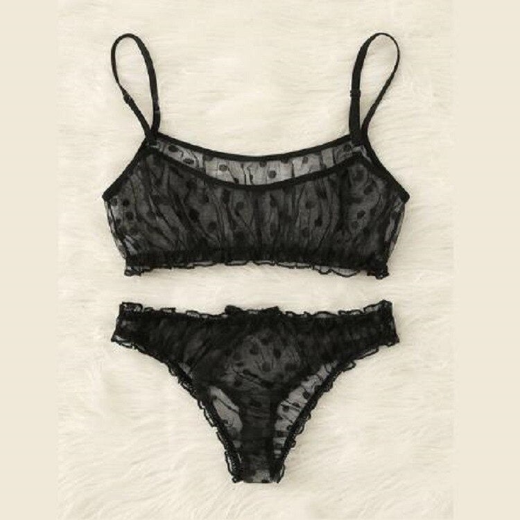 Sexy Women Underwear Lace Floral Wire Free Lingerie Set Off-Shoulder Small Chest Bralette+Thong Beachwear Transparent Bra Set